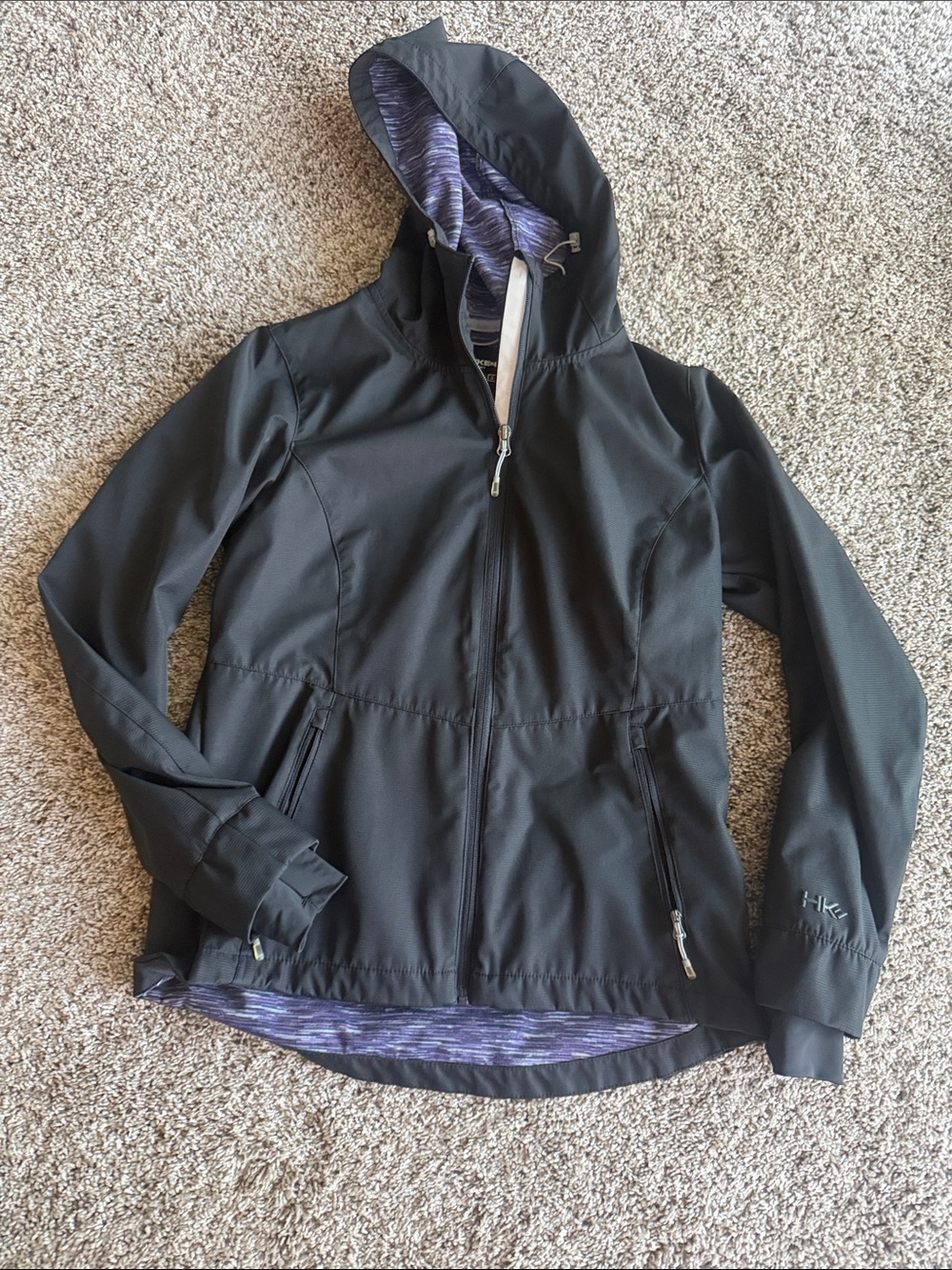 Women's Black Hooded Rain Jacket with Purple Lining